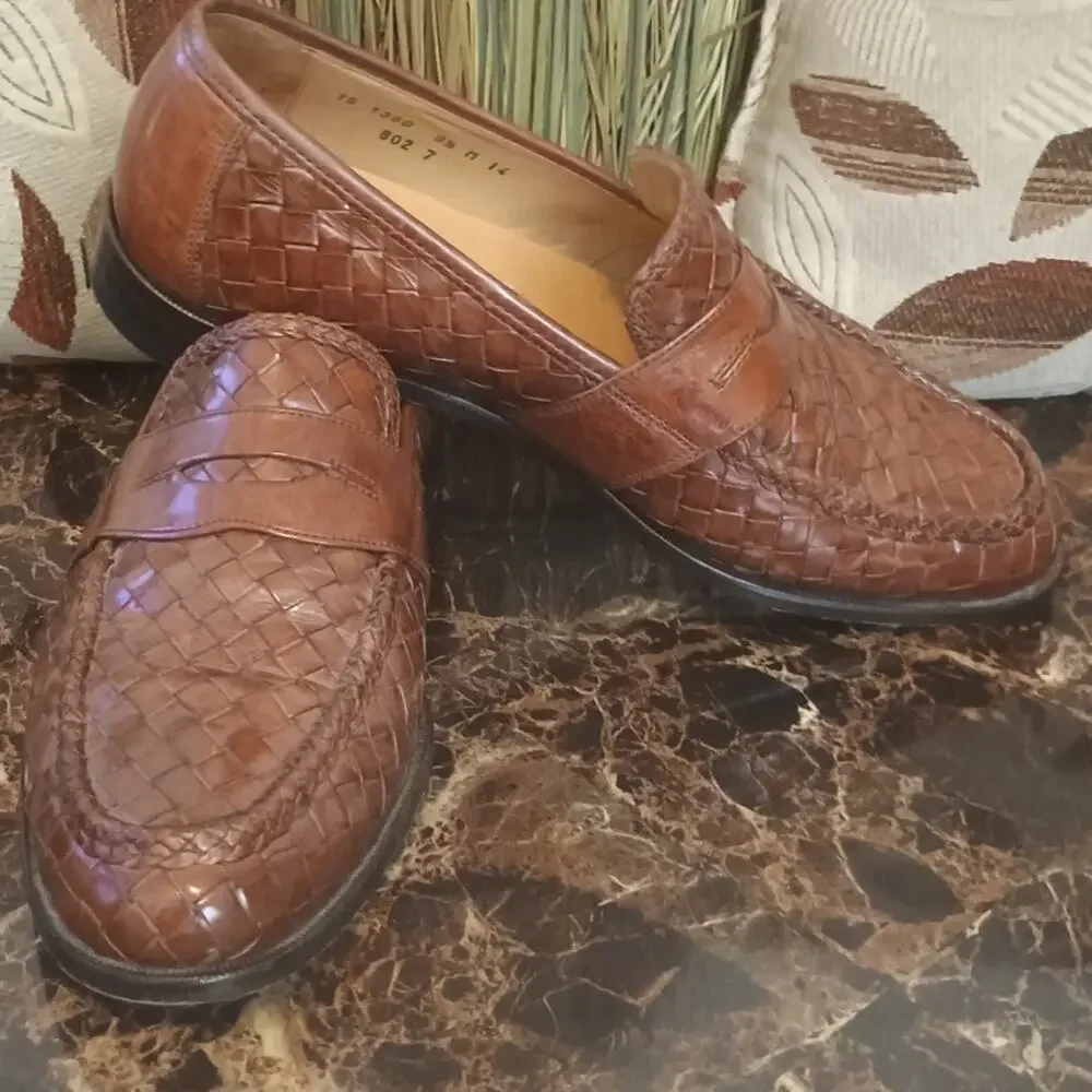 Men's  Johnston & Murphy Woven Leather Cognac Penny Loafers - Size 9.5 M